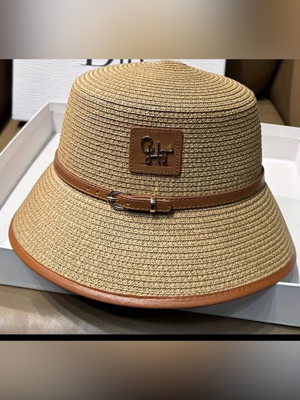 Tan Straw Bucket Hat with Brown Leather Trim and Logo